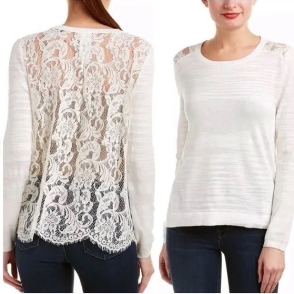 CABI 5005 White Sophia Lace Back Sweater Romantic Feminine